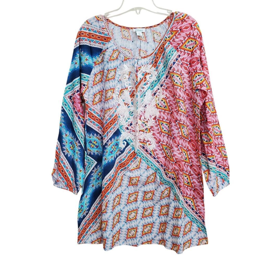 Sundance Womens‎ Tunic Size M Lightweight Cotton Embroidered Swim Coverup Aztec
